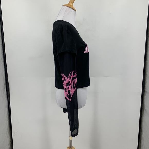 Barbie Top Womens L large Black Cropped Logo Mesh Long Sleeve Y2K Layered *READ - Picture 7 of 14